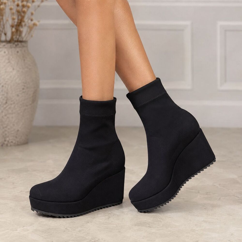 Pedro Garcia Urbana Wedge Booties Black Stretch Sock Boots Spain 37.5 US 7.5